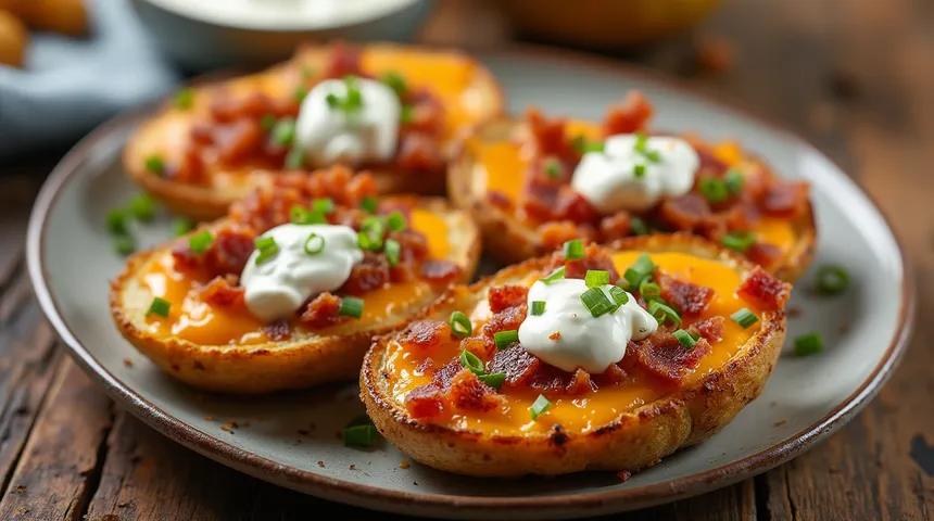 Cheesy Loaded Potato Skins with Bacon and Green Onions